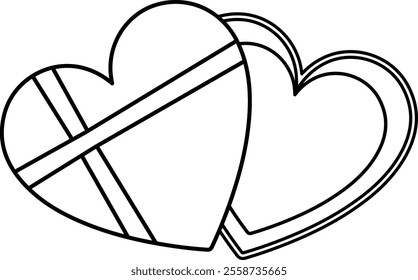 Heart shaped gift box with bow Outline Vector.
Opened Heart shaped Valentine's Day gift box coloring drawing.
Transparent background.
