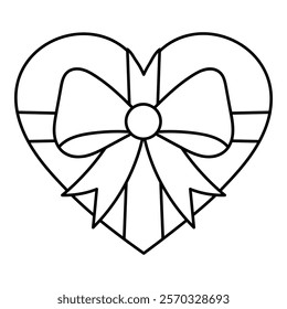 Heart shaped gift box with bow black line icon isolated on transparent background