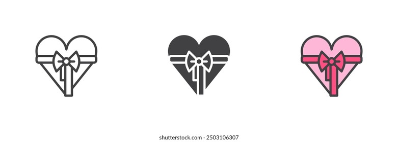 Caja de regalo en forma de corazón conjunto de iconos de estilo diferente. Línea, glifo y contorno relleno versión colorida, contorno y signo de Vector relleno. Símbolo del día de San Valentín, ilustración del logotipo. Gráficos de Vector