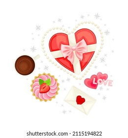 Heart Shaped Gift Box, Envelope and Sweet Cupcake as Valentine s Day Attribute Above View Vector Composition