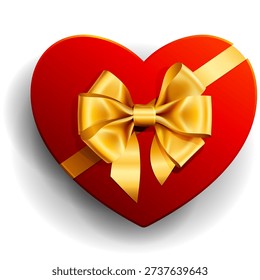 Heart shaped gift box featuring vibrant red color and large luxurious golden bow symbolizes romance, affection, and special celebration packaging for holidays or special occasions.