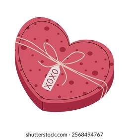 Heart shaped gift box in flat cartoon style. Heart tied with a rope on a white background. Vector illustration for Valentine's day cards, stickers, banners, etc.