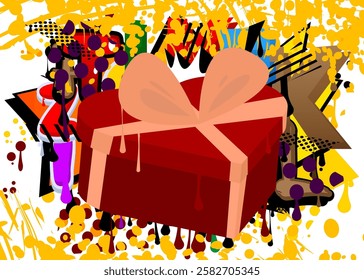 Heart shaped gift box graffiti. Abstract modern street art decoration performed in urban painting style.