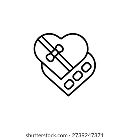 Heart Shaped Gift Box Icon, Outline Style, Ribbon Detail, Love, Present,