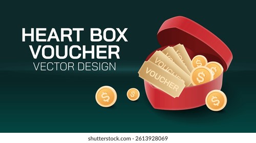 Heart shaped gift box opens up and inside is a discount code and coin