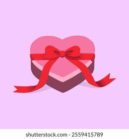 A heart shaped gift box in pink with a red ribbon and bow, ready for a special occasion like Valentine's Day.