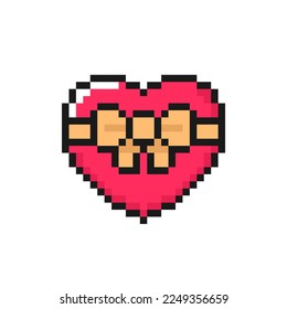 Heart shaped gift box pixel icon. Symbol for Valentine's Day or birthday. Isolated on white background vector sign