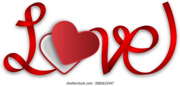 Caja de regalo con forma de corazón con cinta roja que compone la palabra amor	