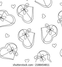 heart shaped gift box with ribbon and bow seamless pattern. hand drawn in doodle style