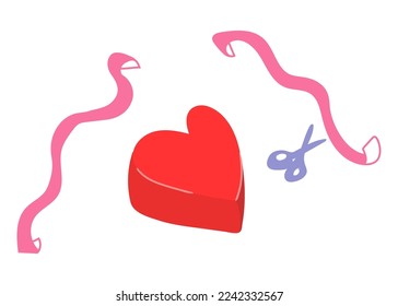 Heart shaped gift box with ribbons and scissors. Packing, wrapping concept. Vector illustration.