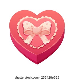 Heart shaped gift box with white bow. Packaging in the form of red heart with decorative ribbon. Vector isolated element