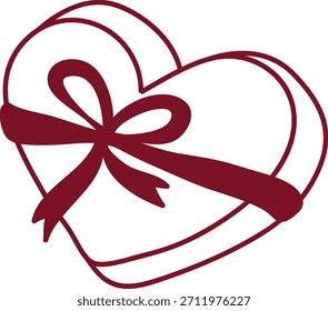 Caja de regalo en forma de corazón envuelta con cinta en estilo de contorno limpio. Símbolo de amor, romance, celebración, presente y sorpresa para saludos de vacaciones. Ilustración vectorial de dibujos animados.
