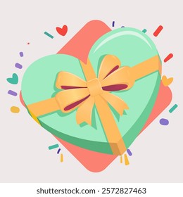 A heart shaped gift box with a yellow ribbon on it, vector clipart illustration, festive confetti on background