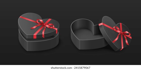 Heart shaped gift boxes with red ribbons realistic vector illustration. St. Valentine day present packaging 3d elements on black background