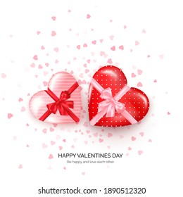 Cajas de regalo en forma de corazón con arco de seda y confeti en el fondo. Tarjeta de saludo de San Valentín. Ilustración del vector