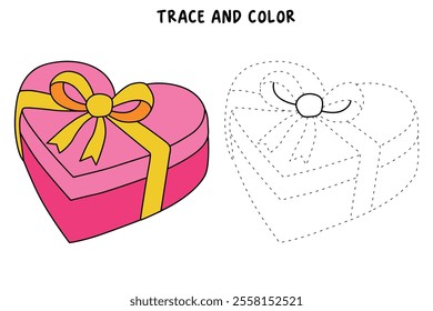 Heart shaped gift valentine day illustration vector. Heart shaped gift coloring page for valentine day theme. Valentine day card printable. Pink Heart Shape Gift Box with Gold Ribbon clipart.
