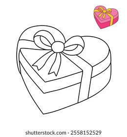 Heart shaped gift valentine day illustration vector. Heart shaped gift coloring page for valentine day theme. Valentine day card printable. Pink Heart Shape Gift Box with Gold Ribbon clipart.