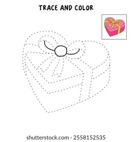 Heart shaped gift valentine day illustration vector. Heart shaped gift coloring page for valentine day theme. Valentine day card printable. Pink Heart Shape Gift Box with Gold Ribbon clipart.
