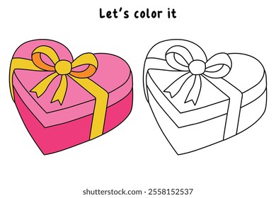 Heart shaped gift valentine day illustration vector. Heart shaped gift coloring page for valentine day theme. Valentine day card printable. Pink Heart Shape Gift Box with Gold Ribbon clipart.