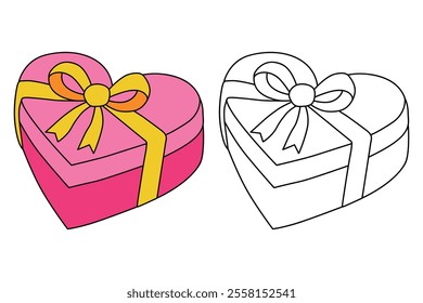 Heart shaped gift valentine day illustration vector. Heart shaped gift coloring page for valentine day theme. Valentine day card printable. Pink Heart Shape Gift Box with Gold Ribbon clipart.