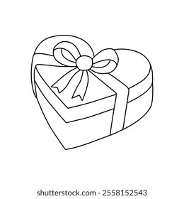 Heart shaped gift valentine day illustration vector. Heart shaped gift coloring page for valentine day theme. Valentine day card printable. Pink Heart Shape Gift Box with Gold Ribbon clipart.