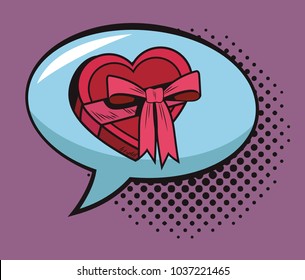 Heart shaped giftbox in bubble pop art cartoon
