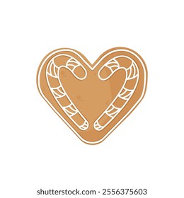 Heart shaped Gingerbread Cookie with decorative icing. Traditional Christmas holiday cookies. Isolated a white background for card, postcard, cover. EPS 10