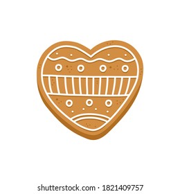Heart shaped gingerbread cookie, with sweet glaze for Christmas holiday snack. Traditional tasty cookies for New Year dinner, symbol of Xmas. Vector illustration, isolated on white background.