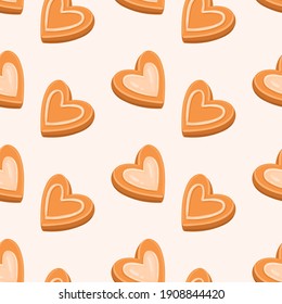 Heart shaped gingerbread cookies vector seamless pattern. Hand drawn romantic dessert background