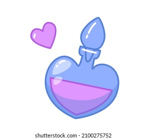 Heart shaped glass blue perfume bottle. Cartoon vector drawing with contour, isolate on a white background. Scented cosmetics.