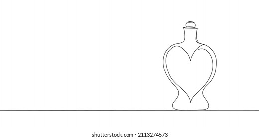 Dibujo continuo de la línea del frasco de vidrio con forma de corazón. Una línea de arte de perfume, eau de retrete, aroma, feromones, poción de amor, sentimientos, encanto, regalo.
