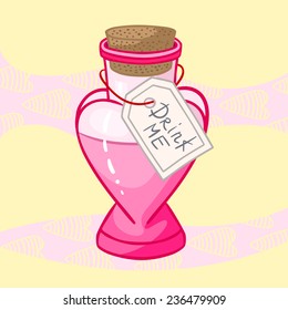 Heart Shaped Glass Vector Bottle with tag 'Drink me'