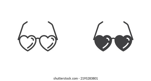 Icono de gafas en forma de corazón, versión de línea y glifo, contorno y signo vectorial relleno. pictograma lineal y completo. Símbolo, ilustración del logotipo. Conjunto de iconos de estilo diferente