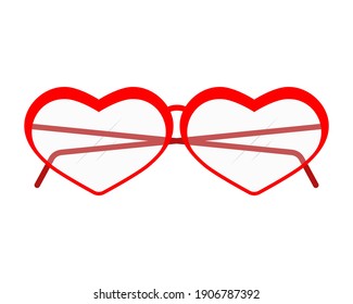 Heart shaped glasses. Isolated vector clipart with transparent lenses. Red color. Clear white background. 
