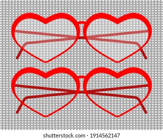 Gafas con forma de corazón. Clíparte vectorial aislada con lentes transparentes. Color rojo. Fondo transparente. 