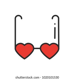 Heart shaped glasses line icon. Retro sunglasses with red hearts. Happy Valentine day sign and symbol. Heart shape. Love, couple, relationship, holiday, romantic amour theme.
