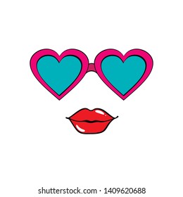 Heart shaped glasses and lips in pop art style on white background. Vector illustration
