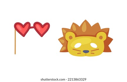 Heart shaped glasses on stick and lion mask. Carnival party objects set cartoon vector illustration i