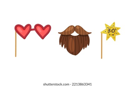 Heart shaped glasses on stick, moustache and beard. Carnival party objects set cartoon vector illustration