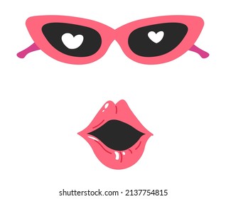 Heart shaped glasses and open mouth, funny facial expression with amazement or shock. Surprise emotion and accident, deformed lips. Spectacles protecting from sun. Confusion and wow, vector in flat