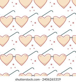 Heart shaped glasses seamless pattern. Background with kid glasses and stars. Print for baby textiles, paper, packaging and design, vector illustration