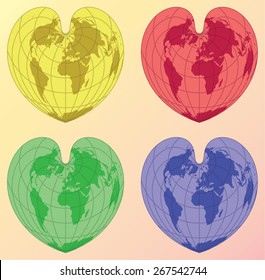 Heart shaped globe in bonne projection. Set includes 4 heart shaped globes in blue, red, yellow and green color themes.