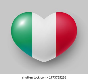 Heart shaped glossy national flag of Italy. European country national flag button, Italian symbol in patriotic colors realistic vector illustration on gray background