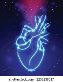 Heart shaped glowing stripes illustration on night sky background. Medical and commercial use.