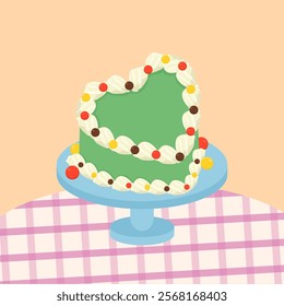 Heart shaped green cake topped with colorful candy for Valentine's Day, weddings, birthdays and anniversaries vector illustration