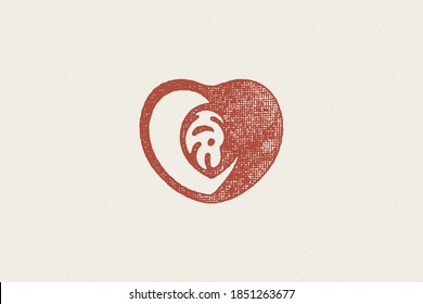 Heart shaped halved peach silhouette for logo hand drawn stamp effect vector illustration. Vintage grunge texture emblem for package and menu design or label decoration.