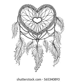 Heart shaped hand drawn dream catcher with feathers. Ethnic illustration, tribal, American Indians traditional symbol