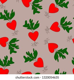 Heart shaped hand drawn radisch plant, vector seamless pattern. Colorful pattern elements on bright background. 