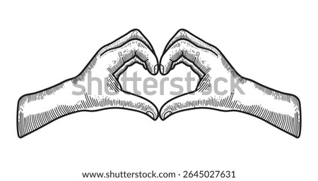Heart shaped hand gesture in black and white sketch style. Symbol of love, unity, and friendship. Perfect for print and digital use.