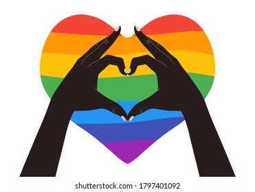 Corazón en forma de manos negras con el corazón arcoiris de LGBT, el símbolo de lesbianas, gays, bisexuales, transgénero y queer. Ilustración vectorial de diseño plano.